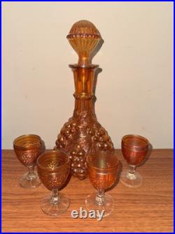 Vintage Imperial Carnival Glass Marigold Decanter WithStopper & 4 cordial glasses