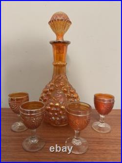 Vintage Imperial Carnival Glass Marigold Decanter WithStopper & 4 cordial glasses