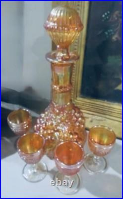 Vintage Imperial Carnival Glass Marigold Decanter WithStopper & 4 cordial glasses