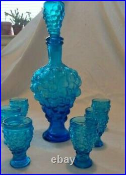 Vintage Imperial Glass Cobalt Blue Glass Liquor Decanter & Glasses Grape Design