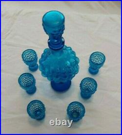 Vintage Imperial Glass Cobalt Blue Glass Liquor Decanter & Glasses Grape Design