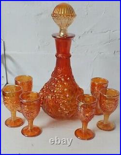 Vintage Imperial Glass Marigold Carnival Glass Decanter Set Grape and Leaf