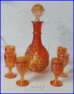 Vintage Imperial Glass Marigold Carnival Glass Decanter Set Grape and Leaf