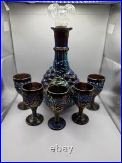 Vintage Imperial Grape Pattern Carnival Glass Decanter Wine Set