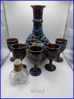 Vintage Imperial Grape Pattern Carnival Glass Decanter Wine Set