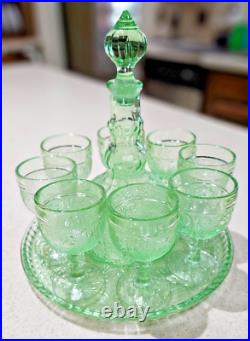 Vintage Indiana Glass Chantilly Green Wine Decanter Set, tray & 8 glasses
