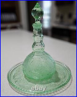 Vintage Indiana Glass Chantilly Green Wine Decanter Set, tray & 8 glasses