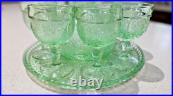 Vintage Indiana Glass Chantilly Green Wine Decanter Set, tray & 8 glasses