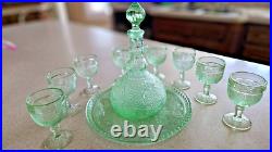 Vintage Indiana Glass Chantilly Green Wine Decanter Set, tray & 8 glasses