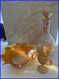 Vintage Iridescent Carnival Glass Decanter, Two Glasses and Ruffled Bowl Set