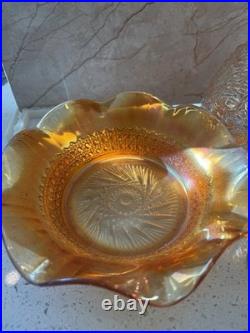 Vintage Iridescent Carnival Glass Decanter, Two Glasses and Ruffled Bowl Set