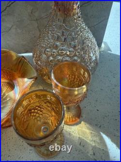 Vintage Iridescent Carnival Glass Decanter, Two Glasses and Ruffled Bowl Set