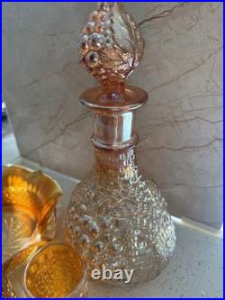 Vintage Iridescent Carnival Glass Decanter, Two Glasses and Ruffled Bowl Set