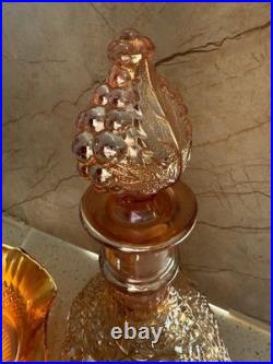 Vintage Iridescent Carnival Glass Decanter, Two Glasses and Ruffled Bowl Set