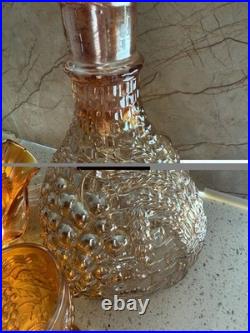 Vintage Iridescent Carnival Glass Decanter, Two Glasses and Ruffled Bowl Set