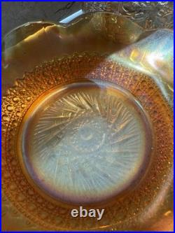 Vintage Iridescent Carnival Glass Decanter, Two Glasses and Ruffled Bowl Set