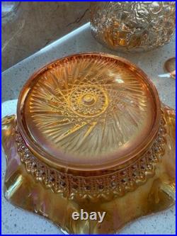 Vintage Iridescent Carnival Glass Decanter, Two Glasses and Ruffled Bowl Set