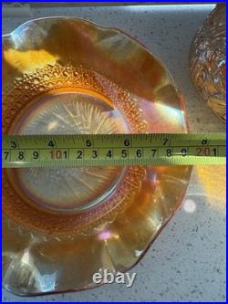 Vintage Iridescent Carnival Glass Decanter, Two Glasses and Ruffled Bowl Set