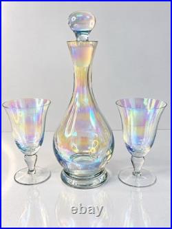 Vintage Iridescent Rainbow Glass Decanter Stopper & 2 Wine Goblets 3 Pc Set