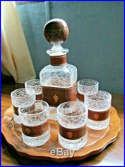 Vintage Italian 9 Piece Leather And Clear Crackle Glass Liquor Decanter Set