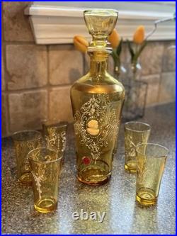 Vintage Italian Amber Glass Decanter Set 6 Cordial Glasses White Enamel Cameo