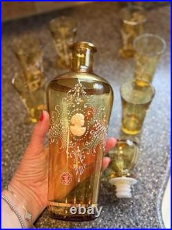 Vintage Italian Amber Glass Decanter Set 6 Cordial Glasses White Enamel Cameo