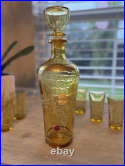 Vintage Italian Amber Glass Decanter Set 6 Cordial Glasses White Enamel Cameo