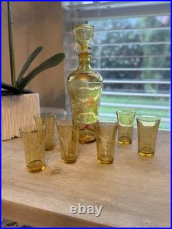 Vintage Italian Amber Glass Decanter Set 6 Cordial Glasses White Enamel Cameo