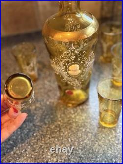 Vintage Italian Amber Glass Decanter Set 6 Cordial Glasses White Enamel Cameo