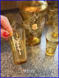 Vintage Italian Amber Glass Decanter Set 6 Cordial Glasses White Enamel Cameo