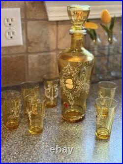 Vintage Italian Amber Glass Decanter Set 6 Cordial Glasses White Enamel Cameo Vintage Italian Amber Glass Decanter Set 6 Cordial Glasses White Enamel Cameo