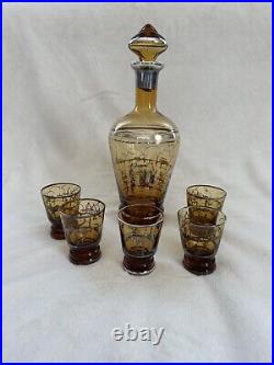 Vintage Italian Amber Glass Decanter With Silver Overlay And 5 Glasses