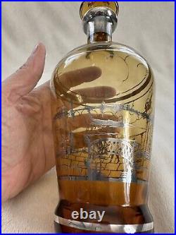 Vintage Italian Amber Glass Decanter With Silver Overlay And 5 Glasses