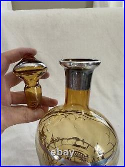 Vintage Italian Amber Glass Decanter With Silver Overlay And 5 Glasses