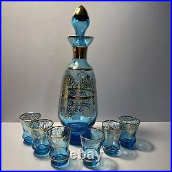 Vintage Italian Aqua Blue & Gold Wine Glass Decanter Stopper & 6 Glasses Murano