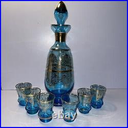 Vintage Italian Aqua Blue & Gold Wine Glass Decanter Stopper & 6 Glasses Murano