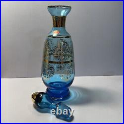 Vintage Italian Aqua Blue & Gold Wine Glass Decanter Stopper & 6 Glasses Murano