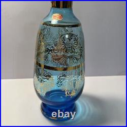 Vintage Italian Aqua Blue & Gold Wine Glass Decanter Stopper & 6 Glasses Murano