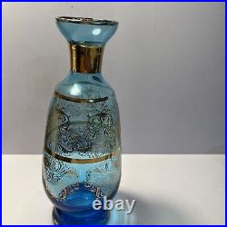 Vintage Italian Aqua Blue & Gold Wine Glass Decanter Stopper & 6 Glasses Murano