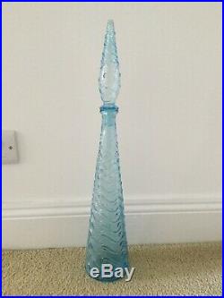 Vintage Italian Art Glass Blue Wave Design Genie Bottle Decanter Empoli 22.5