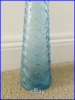 Vintage Italian Art Glass Blue Wave Design Genie Bottle Decanter Empoli 22.5