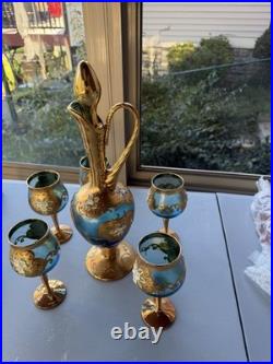 Vintage Italian Art Glass Decanter 4 Goblets Aqua Blue Gold Floral Fatto a Mano Vintage Italian Art Glass Decanter 4 Goblets Aqua Blue Gold Floral Fatto a Mano