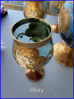 Vintage Italian Art Glass Decanter 4 Goblets Aqua Blue Gold Floral Fatto a Mano