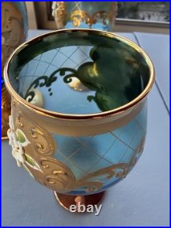 Vintage Italian Art Glass Decanter 4 Goblets Aqua Blue Gold Floral Fatto a Mano