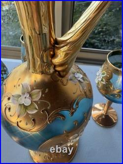Vintage Italian Art Glass Decanter 4 Goblets Aqua Blue Gold Floral Fatto a Mano