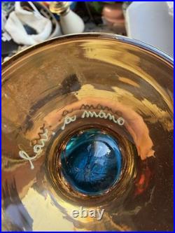 Vintage Italian Art Glass Decanter 4 Goblets Aqua Blue Gold Floral Fatto a Mano