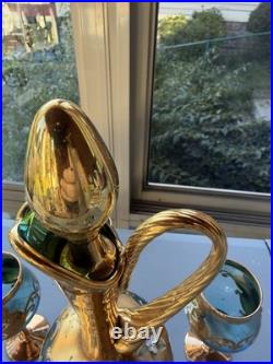 Vintage Italian Art Glass Decanter 4 Goblets Aqua Blue Gold Floral Fatto a Mano