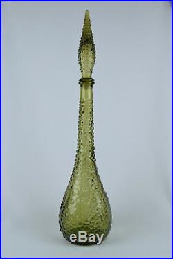 Vintage Italian Art Glass Olive Green 22 Bubble Glass Genie Bottle MCM Decanter