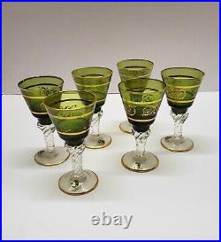 Vintage Italian Blown Glass Decanter & Cordial Glass Set 8 Pcs Green & Gold
