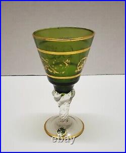 Vintage Italian Blown Glass Decanter & Cordial Glass Set 8 Pcs Green & Gold